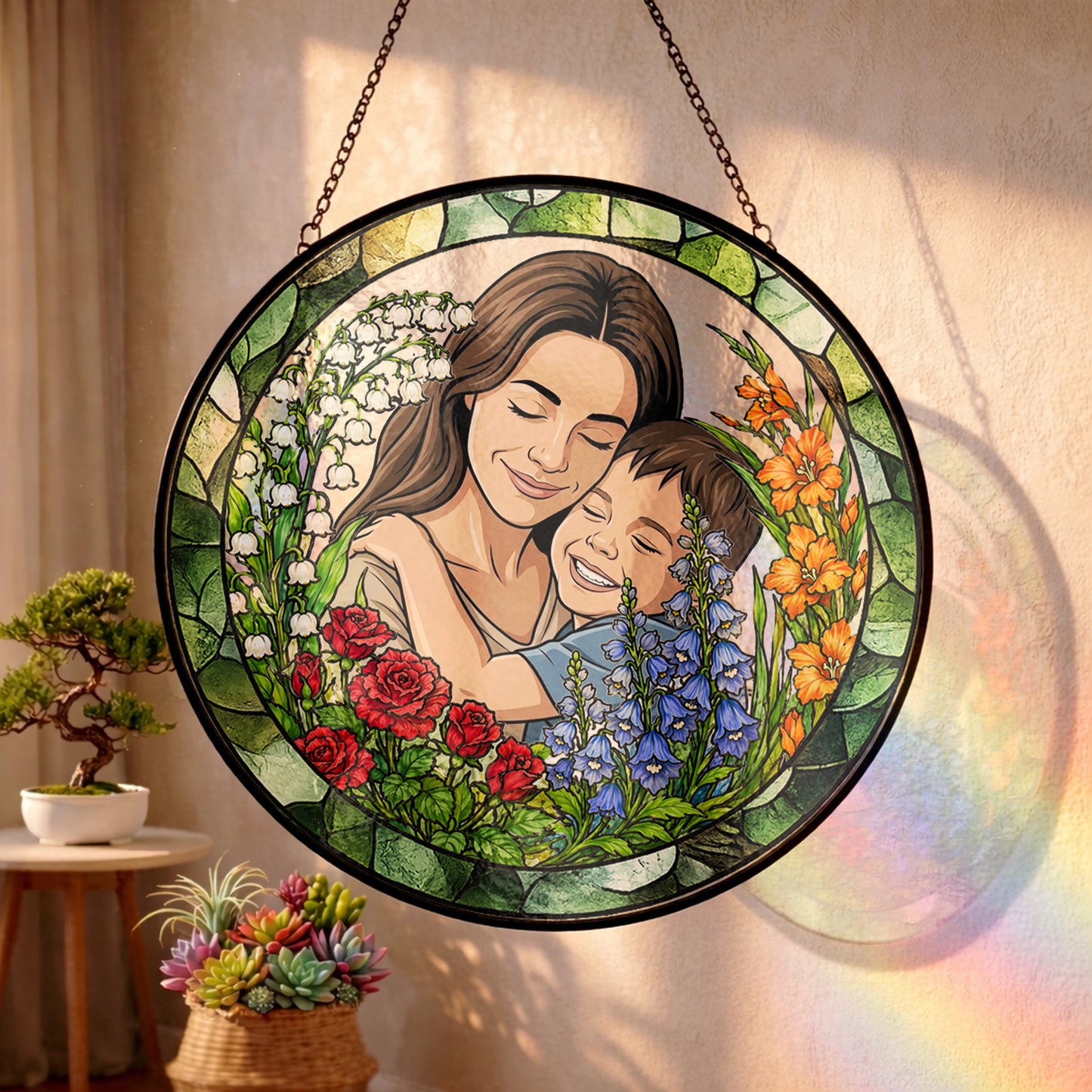 Personalized Mother & Child Stained Glass Suncatcher – Custom Portrait Floral Window Hanging, Mom Gift THUC99