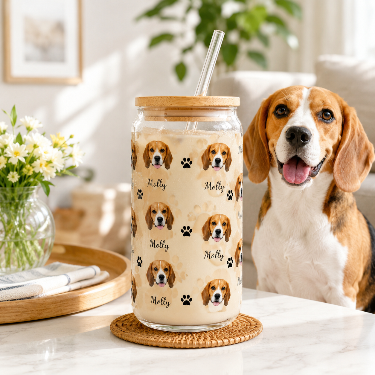 Custom Dog Photo Sipper Glass 16oz – Personalized Glass Tumbler with Bamboo Lid & Straw THUC99