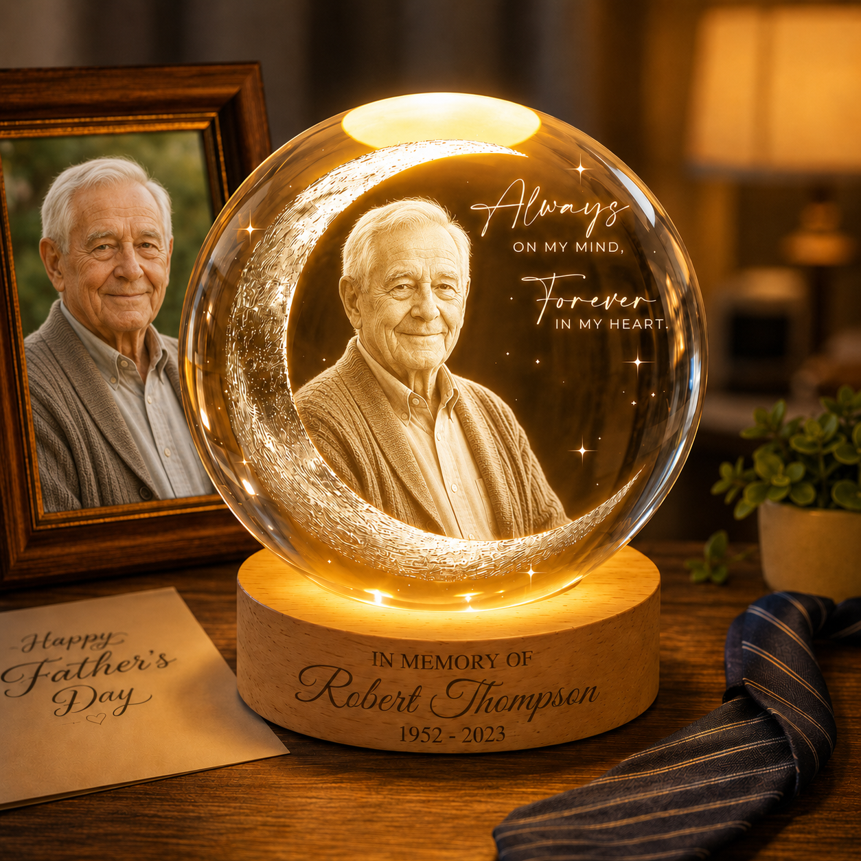 Custom Dad Photo Memorial Crystal Lamp, Personalized Night Light Gift For Father’s Day THUC99