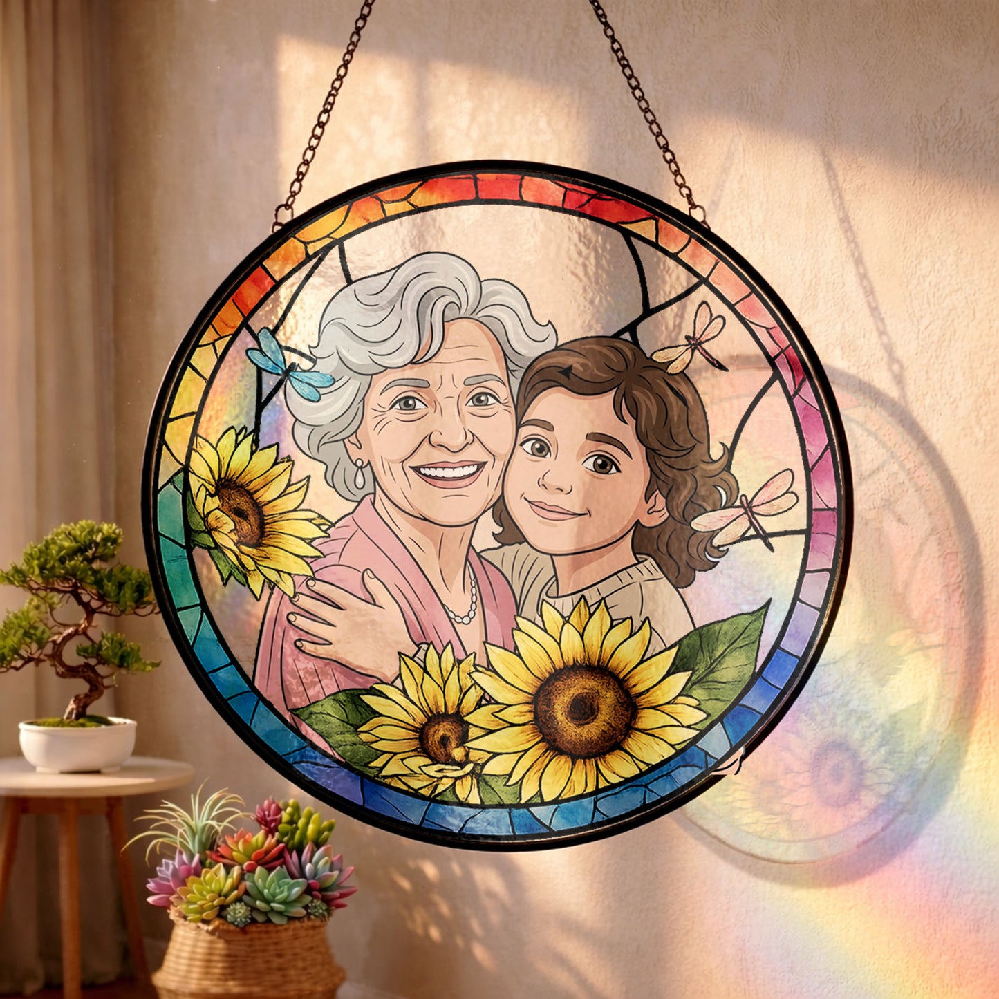 Personalized Family Portrait Stained Glass Suncatcher – Custom Photo Window Hanging, Floral Keepsake Gift THUC99
