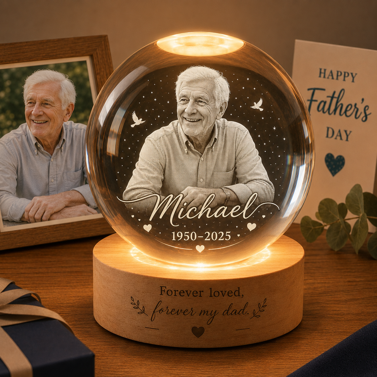 Custom Photo Dad Memorial Night Light, Crystal Ball Lamp, Personalized Father’s Day Gift THUC99