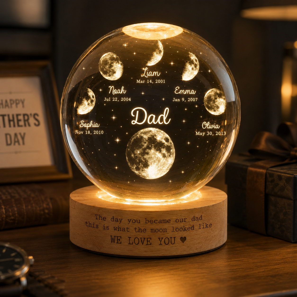 Personalized Moon Father & Kid Night Light, Personalized Crystal Ball Lamp For Dad THUC99