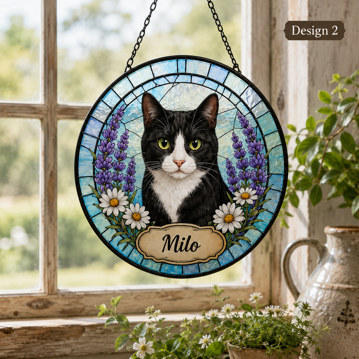 Custom Photo Cat Stained Glass Suncatcher – Personalized Cat Portrait Window Hanging Gift THUC99