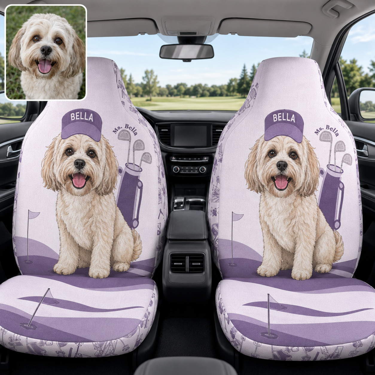 Personalized Golf Pet Portrait Car Seat Cover, Custom Dog Face Seat Protector, Dog Dad Gift THUC99