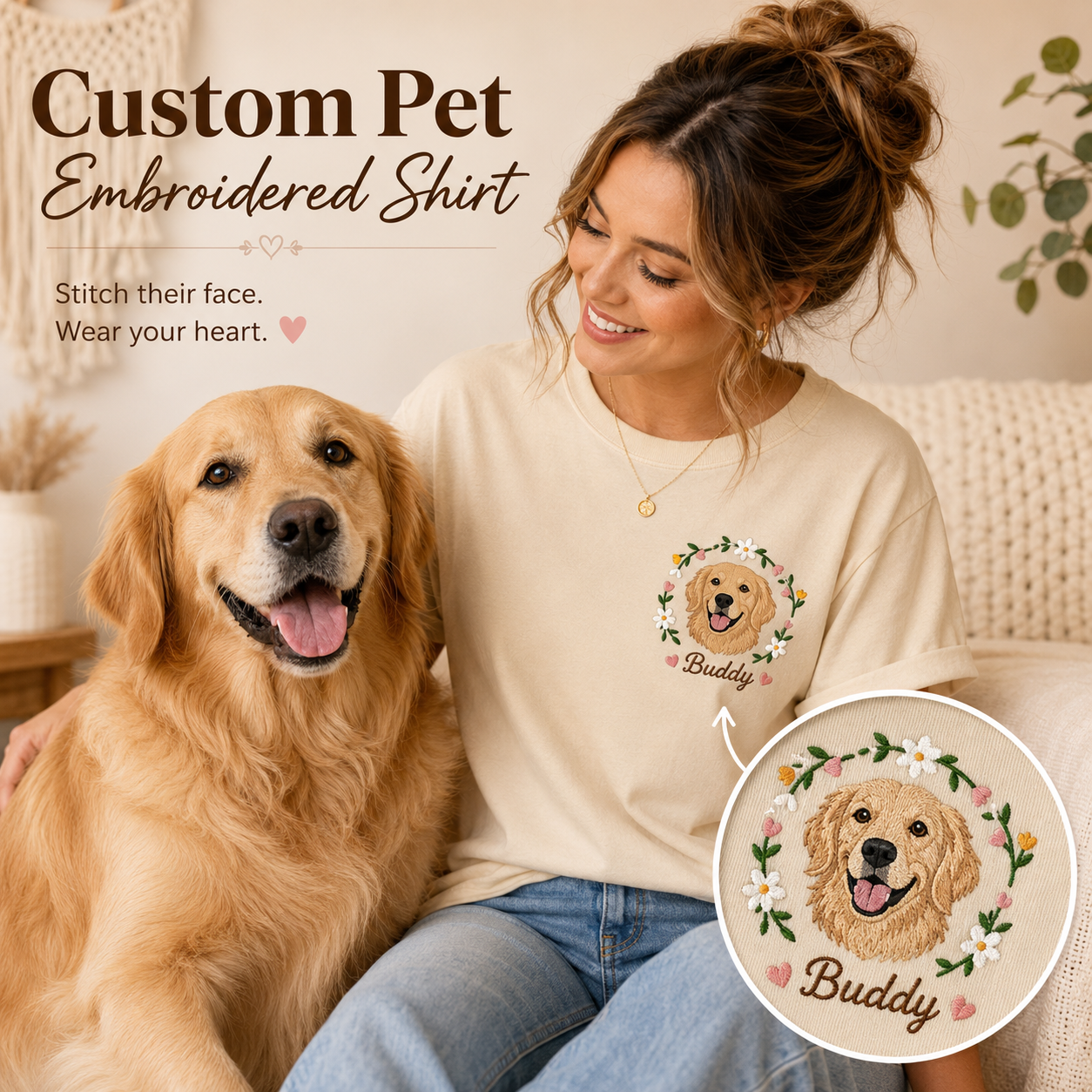 Custom Photo Dog Embroidered Unisex T-Shirt, Personalized Pet Portrait Shirt, Dog Mom Dad Gift THUC99