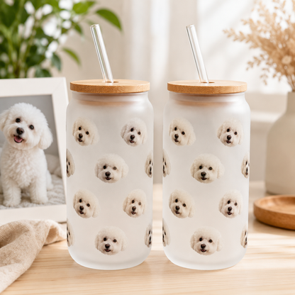 Custom Dog Photo Iced Coffee Glass – 16oz Personalized Cup with Bamboo Lid THUC99