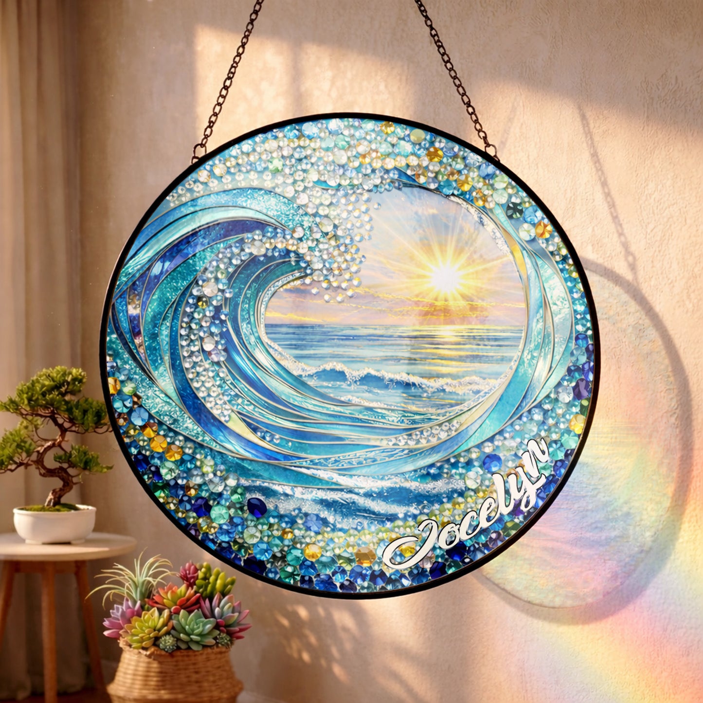 Personalized Ocean Wave Stained Glass Suncatcher – Custom Name Beach Sunset Window Hanging THUC99