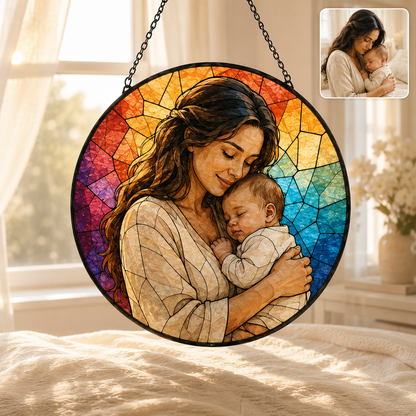 Personalized Grandma and Grandkids Photo Suncatcher, Custom Stained Glass Window Hanging Decor THUC99