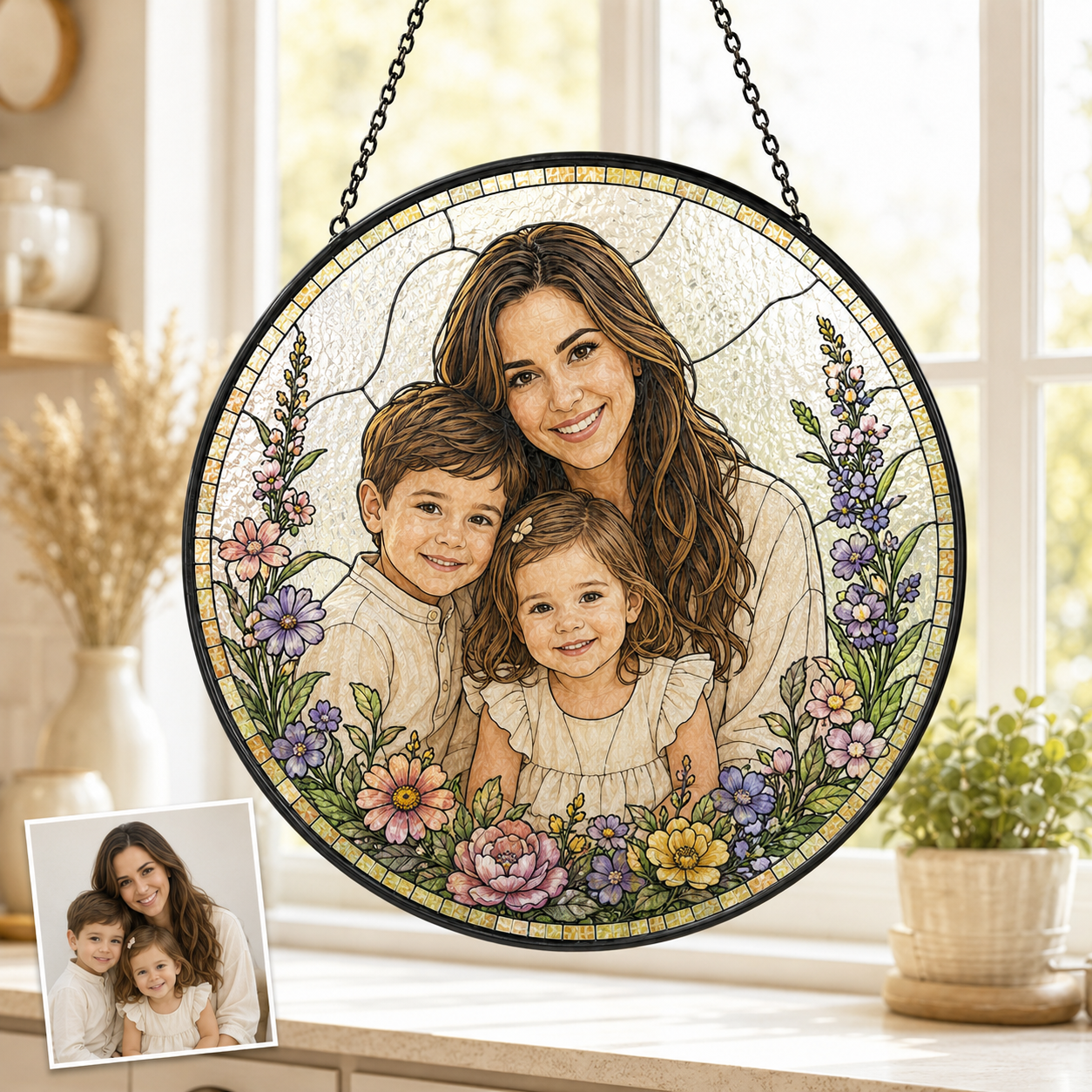 Custom Grandma Photo Stained Glass Suncatcher, Personalized Nana Portrait Window Decor Gift THUC99