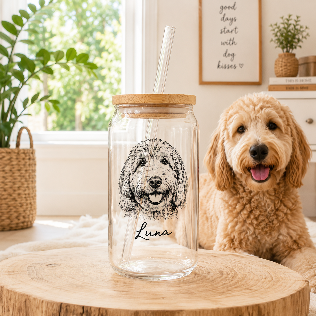 Custom Dog Photo Sipper Glass 16oz – Personalized Glass Tumbler with Bamboo Lid & Straw THUC99