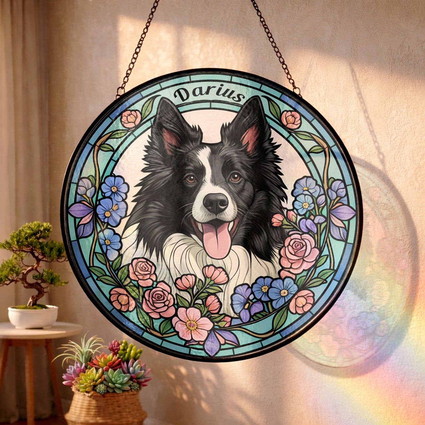 Custom Photo Dog Stained Glass Suncatcher - Personalized Pet Portrait Gift for Dog Mom, Dog Dad THUC99