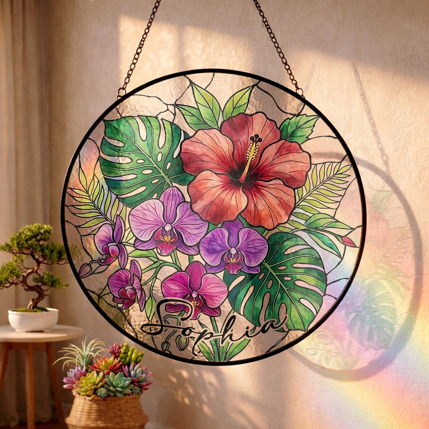Personalized Tropical Flower Stained Glass Suncatcher – Custom Name Window Hanging, Hibiscus & Orchid Decor (THUC99)