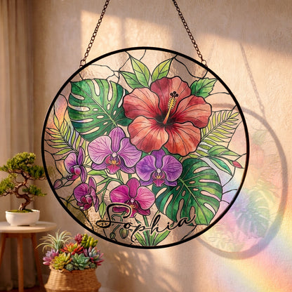 Personalized Tropical Flower Stained Glass Suncatcher – Custom Name Window Hanging, Hibiscus & Orchid Decor (THUC99)