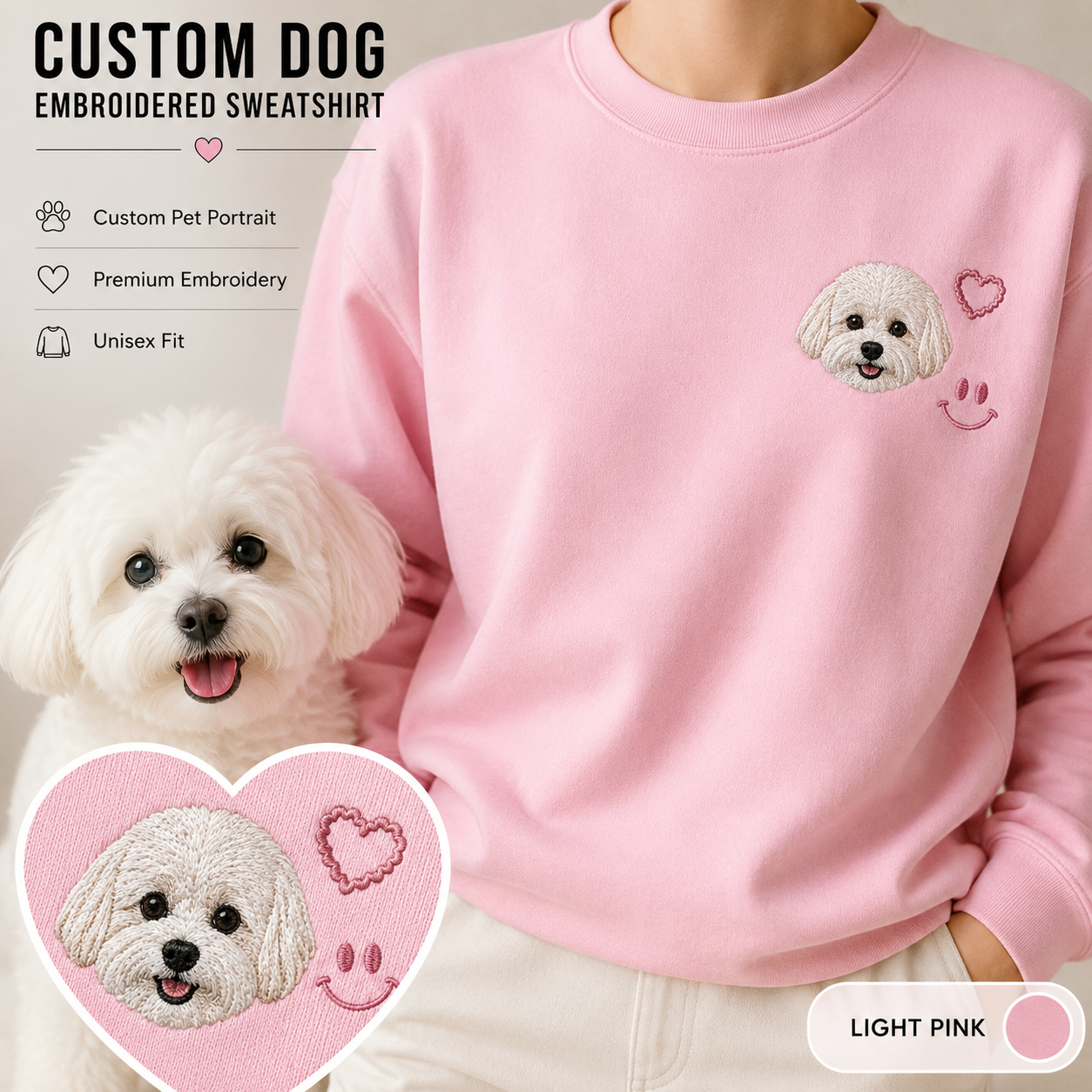 Custom Photo Dog Memorial Sweatshirt, Personalized Pet Portrait Embroidered Hoodie THUC99