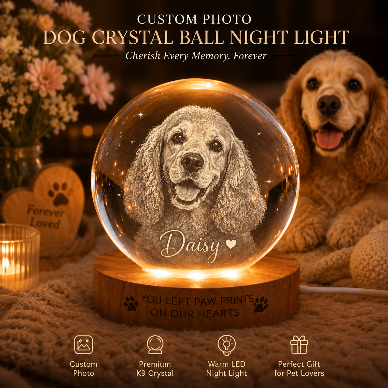 Personalized Dog Crystal Ball Lamp, Custom Pet Photo Night Light, Memorial Dog Keepsake THUC99