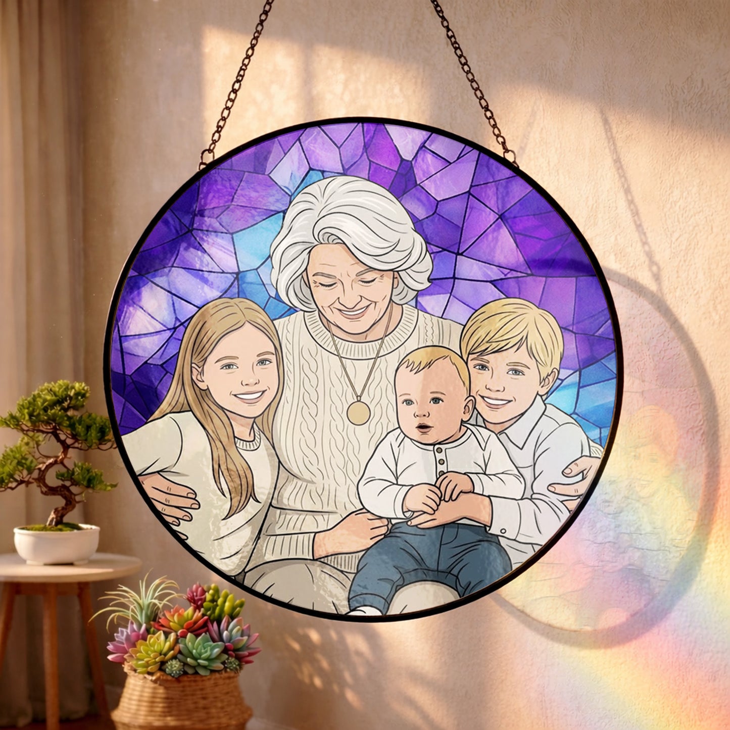 Custom Family Photo Glass Suncatcher – Grandma Gift, Mother's Day Decor THUC99