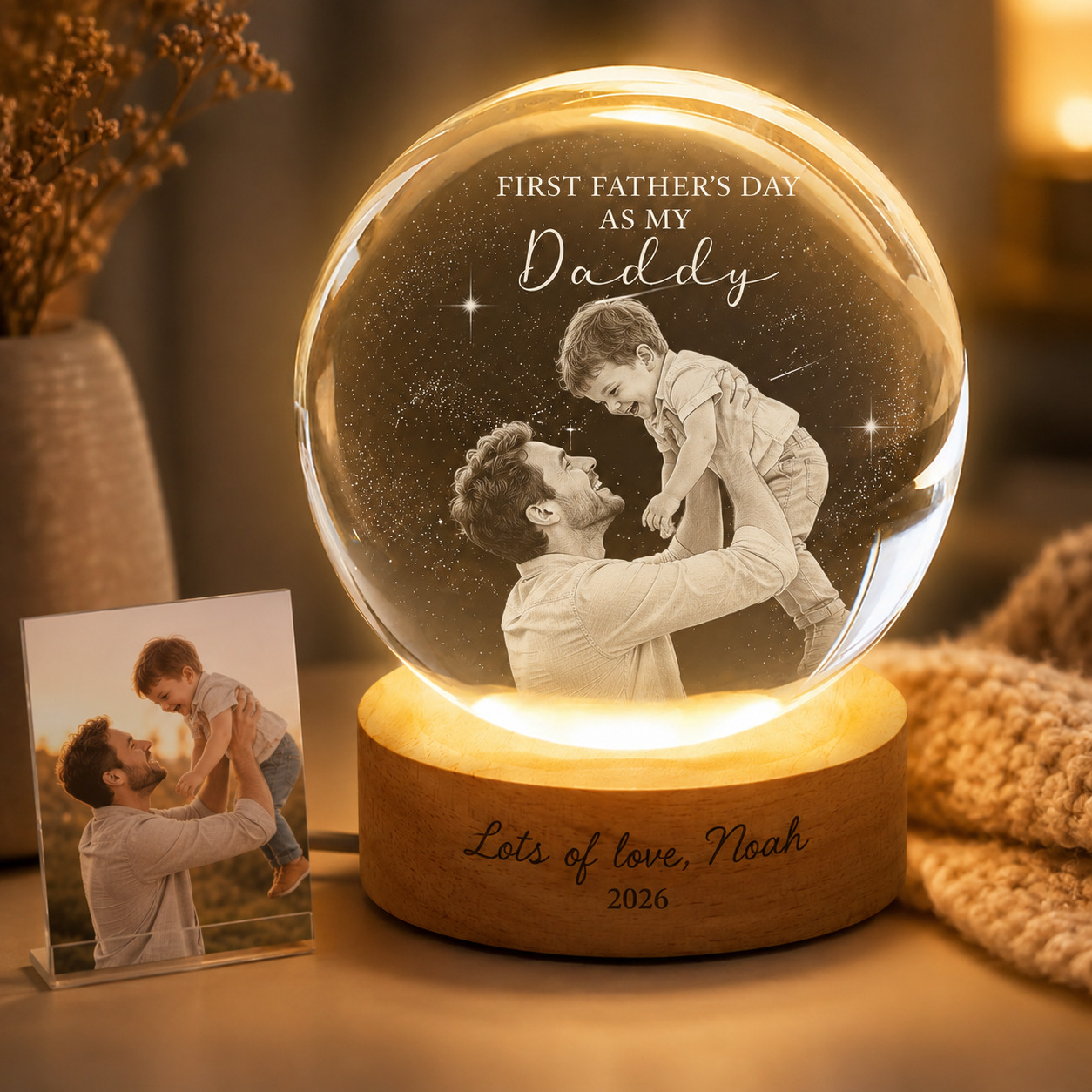 Custom Dad Crystal Ball Night Light, Personalized Photo Crystal Lamp, Father’s Day Gift For Dad THUC99