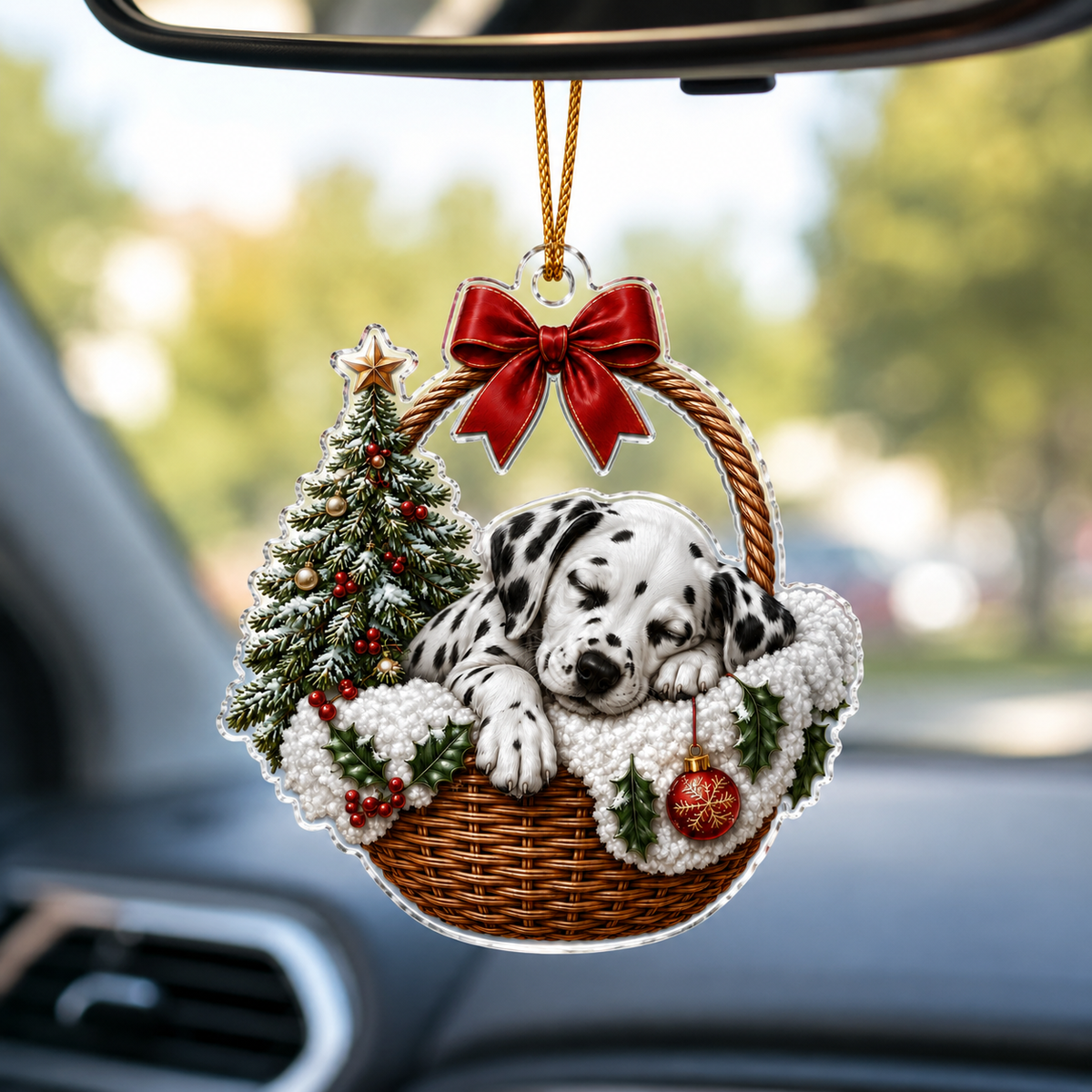 Dog Chrismast With Wicker Basket Dalmantian