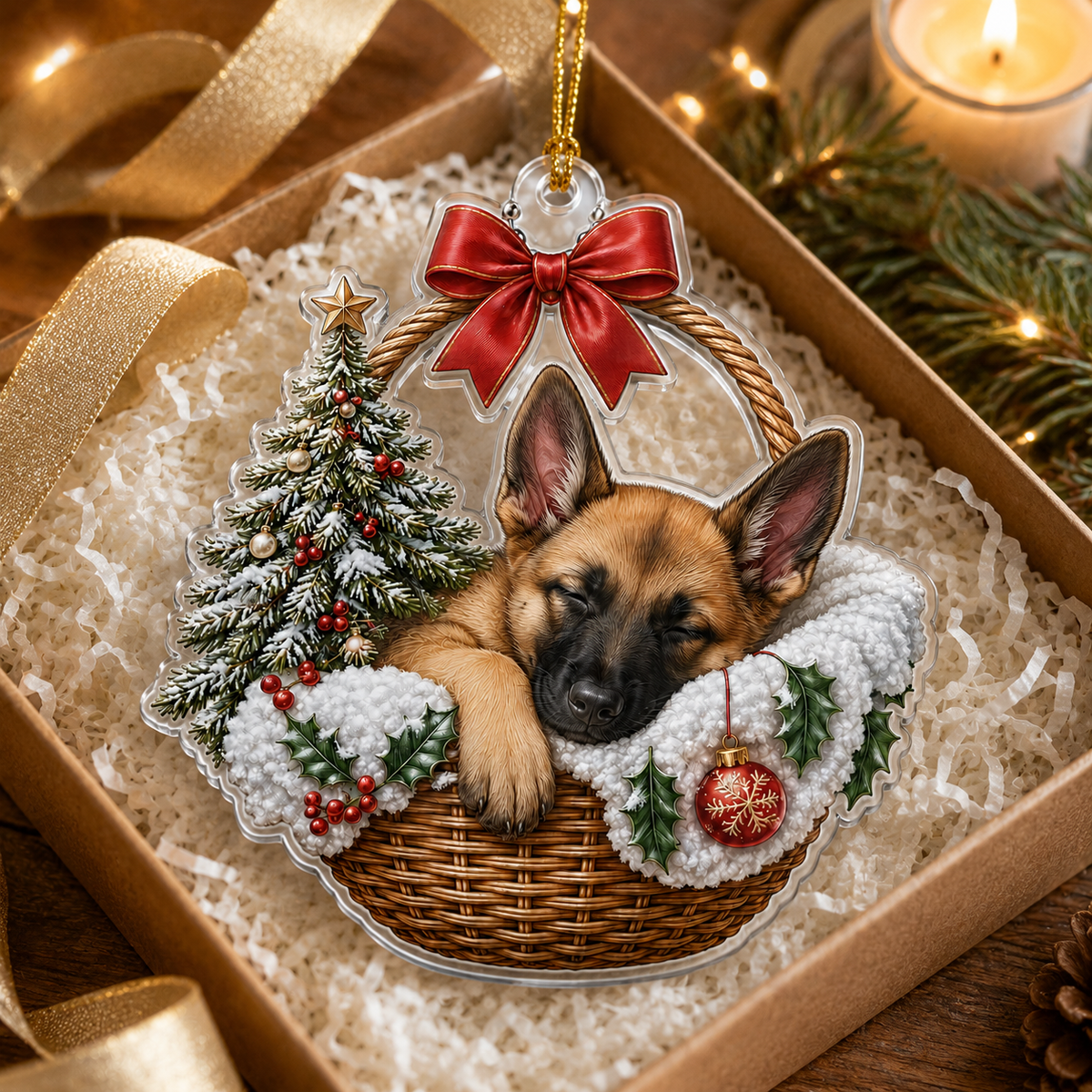 Dog Chrismast With Wicker Basket Belgian Malinois