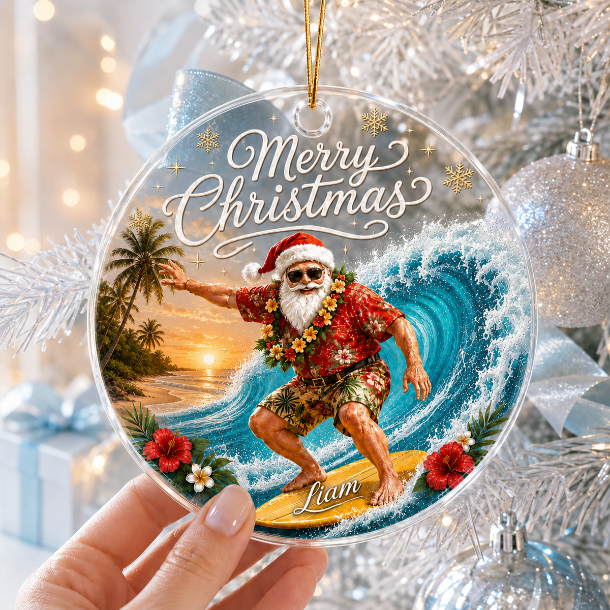 Surfing Personalize Acrylic Tropical Santa Surfing
