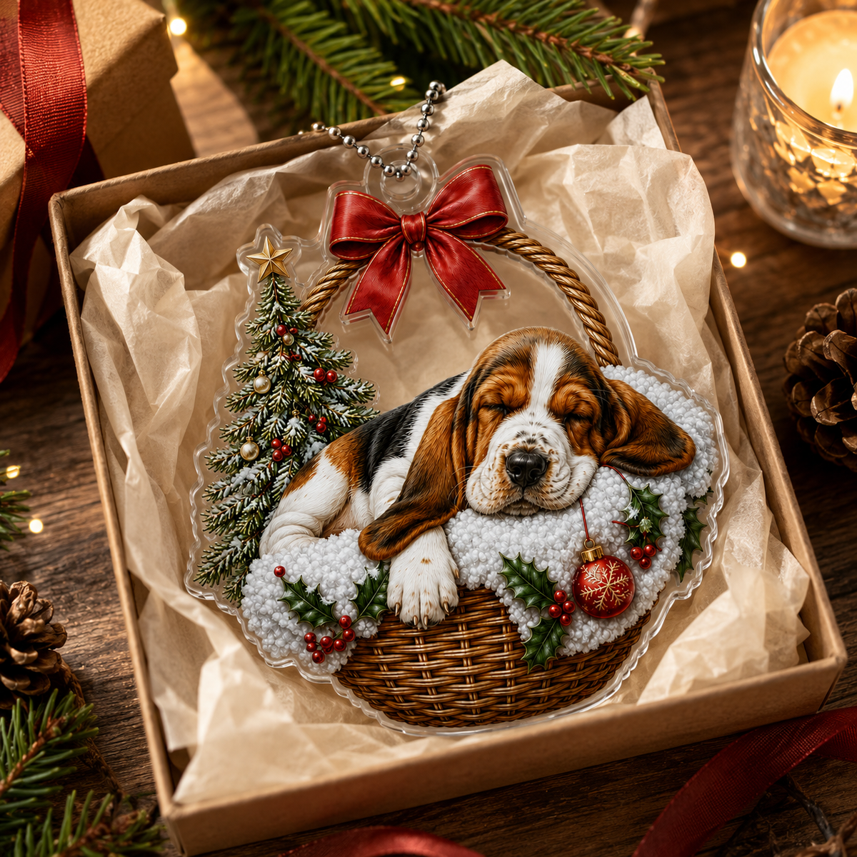 Dog Chrismast With Wicker Basket Basset Hound