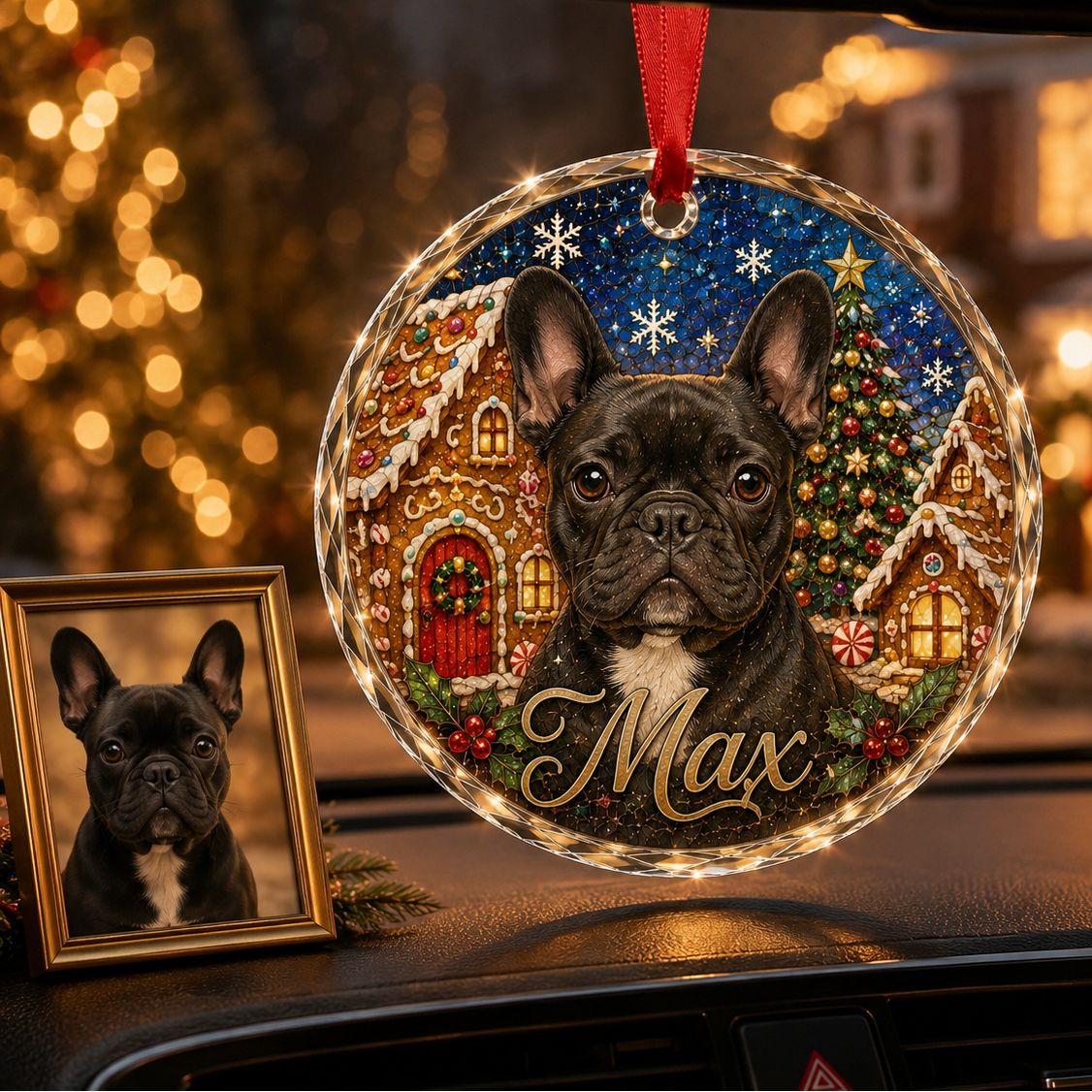 Custom Photo Dog Glass Dog With Gingerbread Village