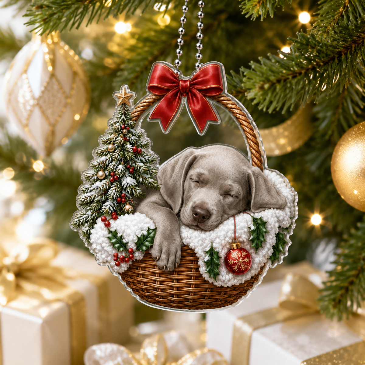 Dog Chrismast With Wicker Basket Weimaraner