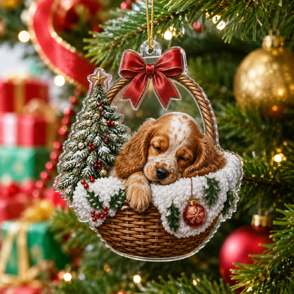 Dog Chrismast With Wicker Basket Spaniel