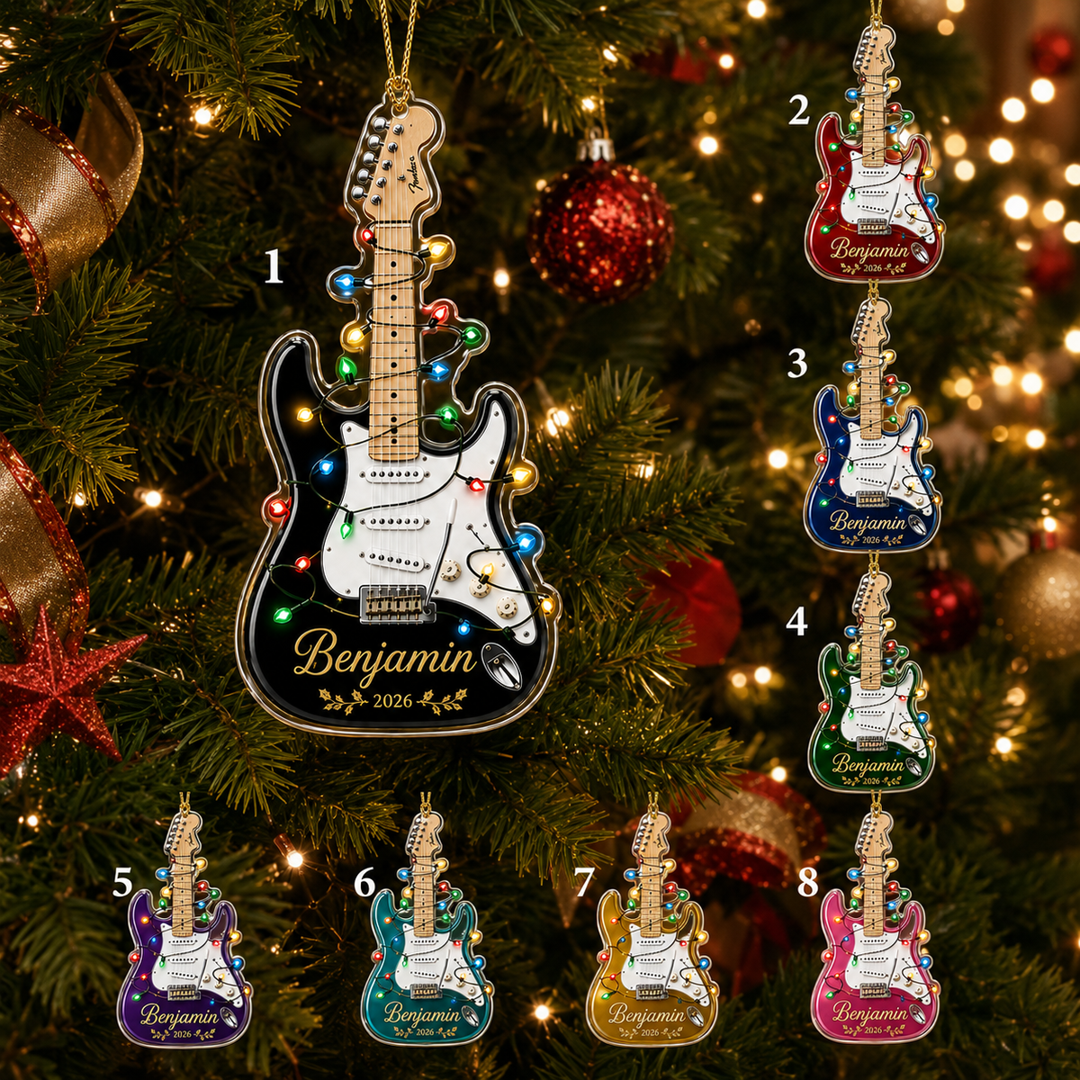 Guitar Custom Name Acrylic - Black Guitar Christmas Lights