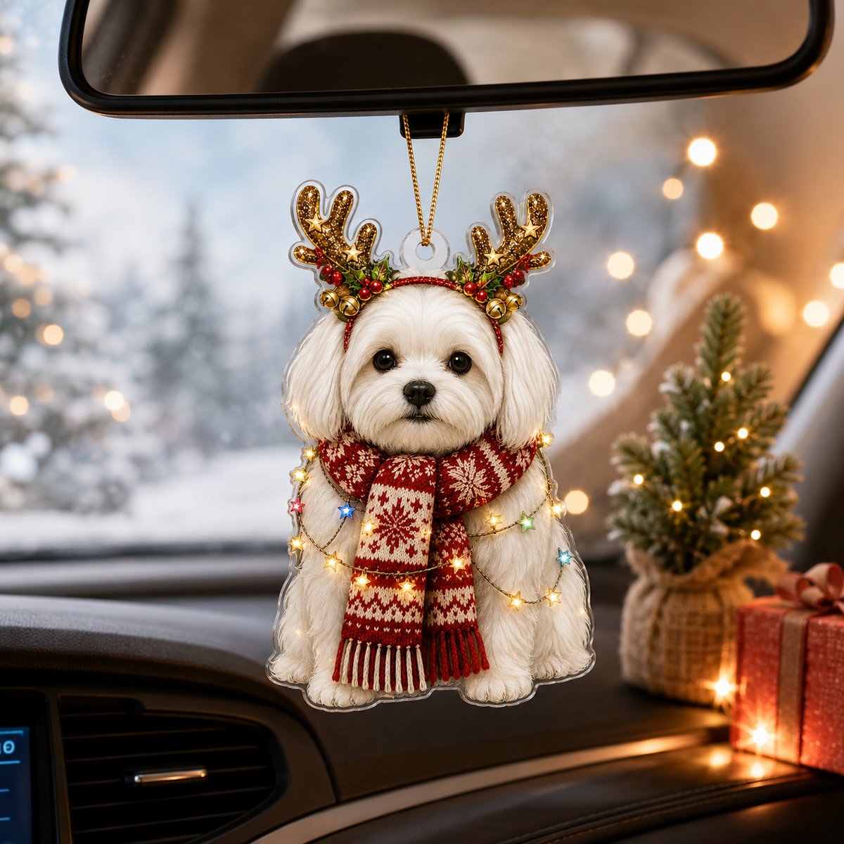 Dog Decor with Antlers & Scarf Maltese