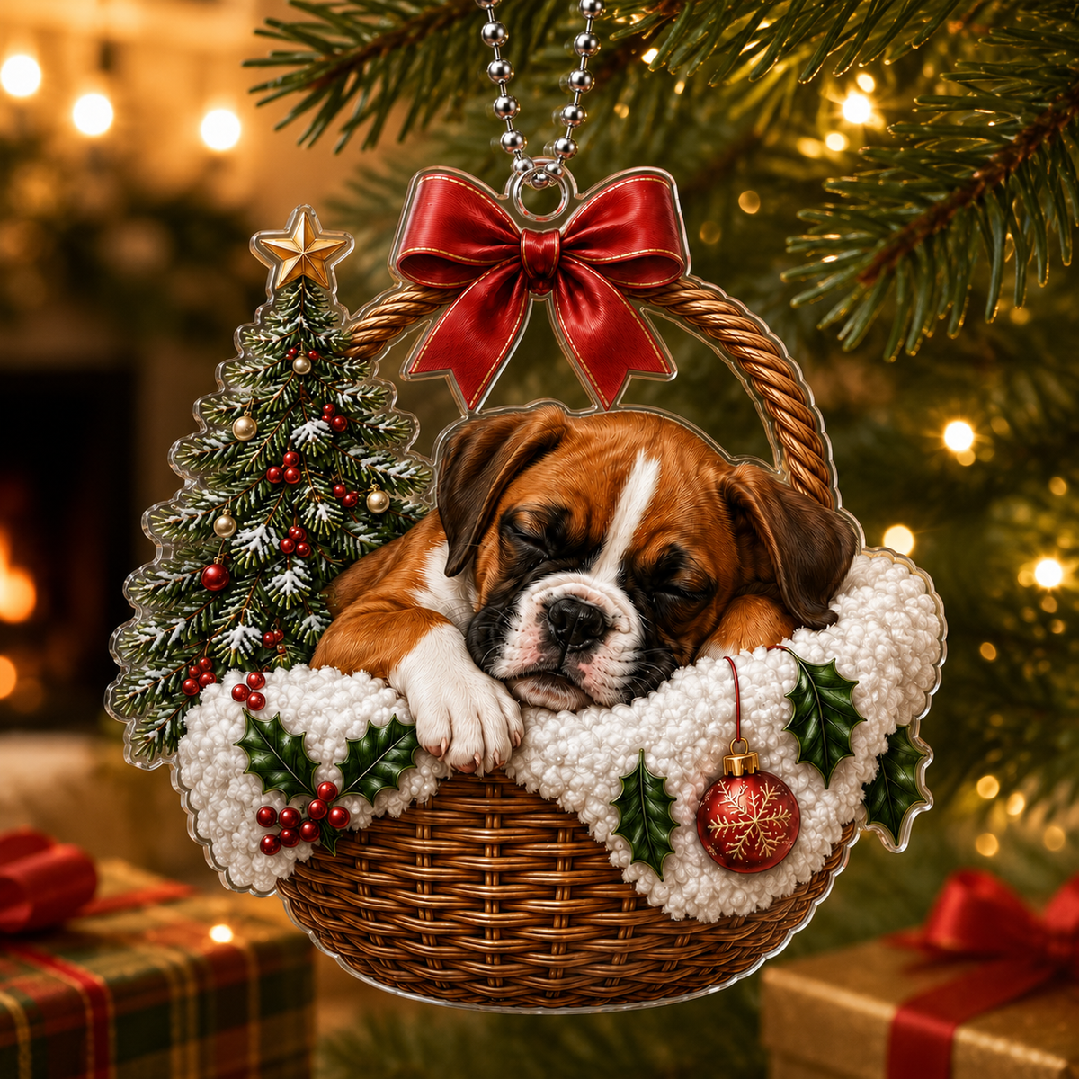 Dog Chrismast With Wicker Basket Boxer
