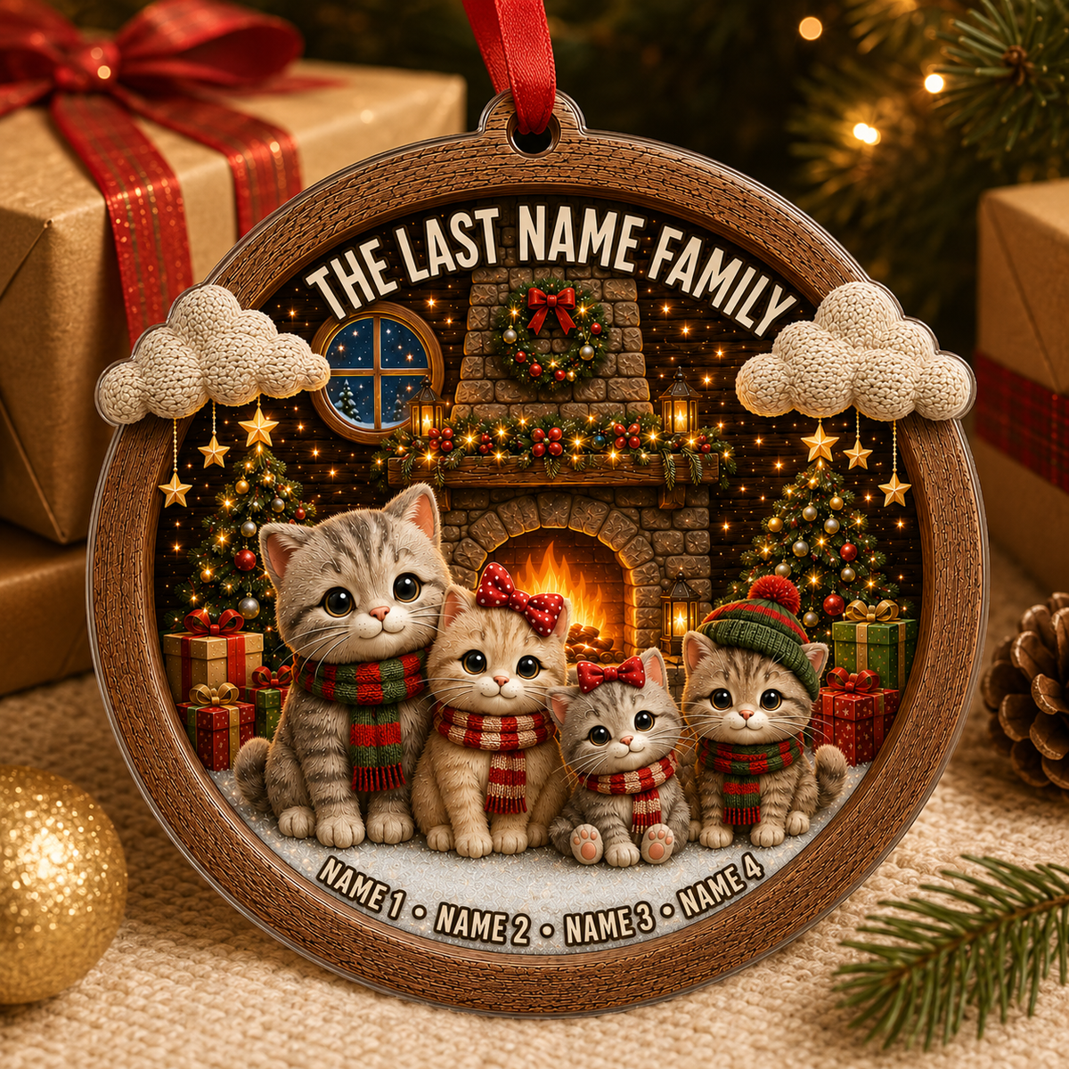 Christmas Family Wood Cat