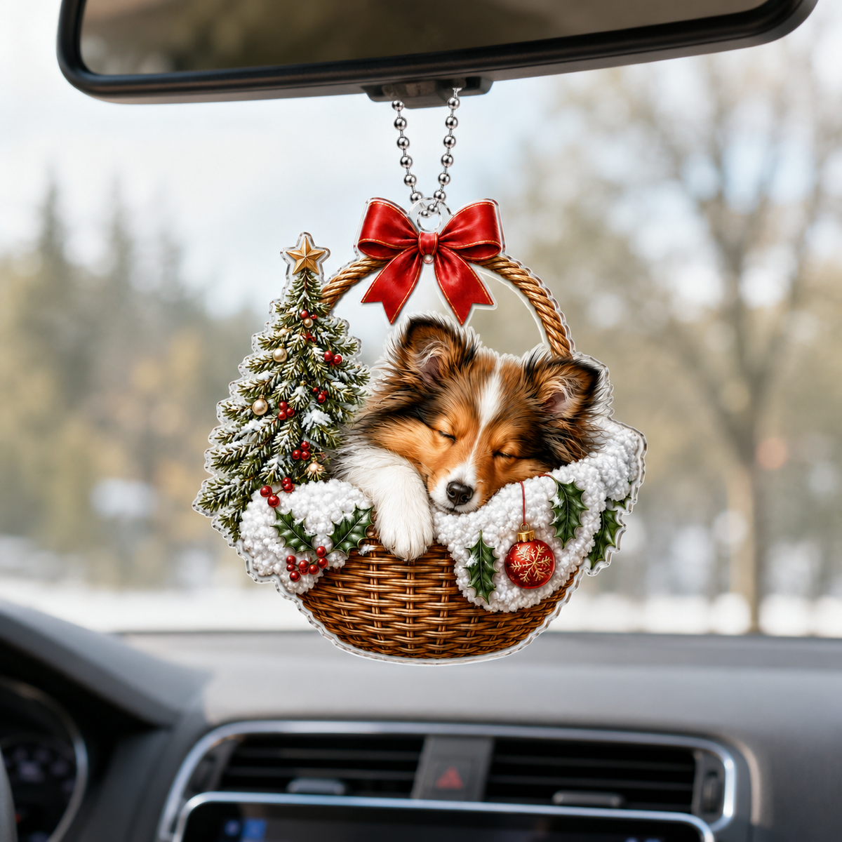 Dog Chrismast With Wicker Basket Sheepdog
