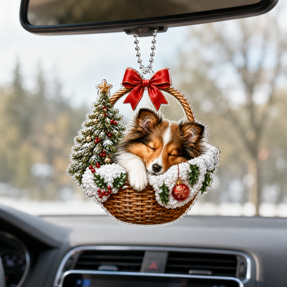 Dog Chrismast With Wicker Basket Sheepdog