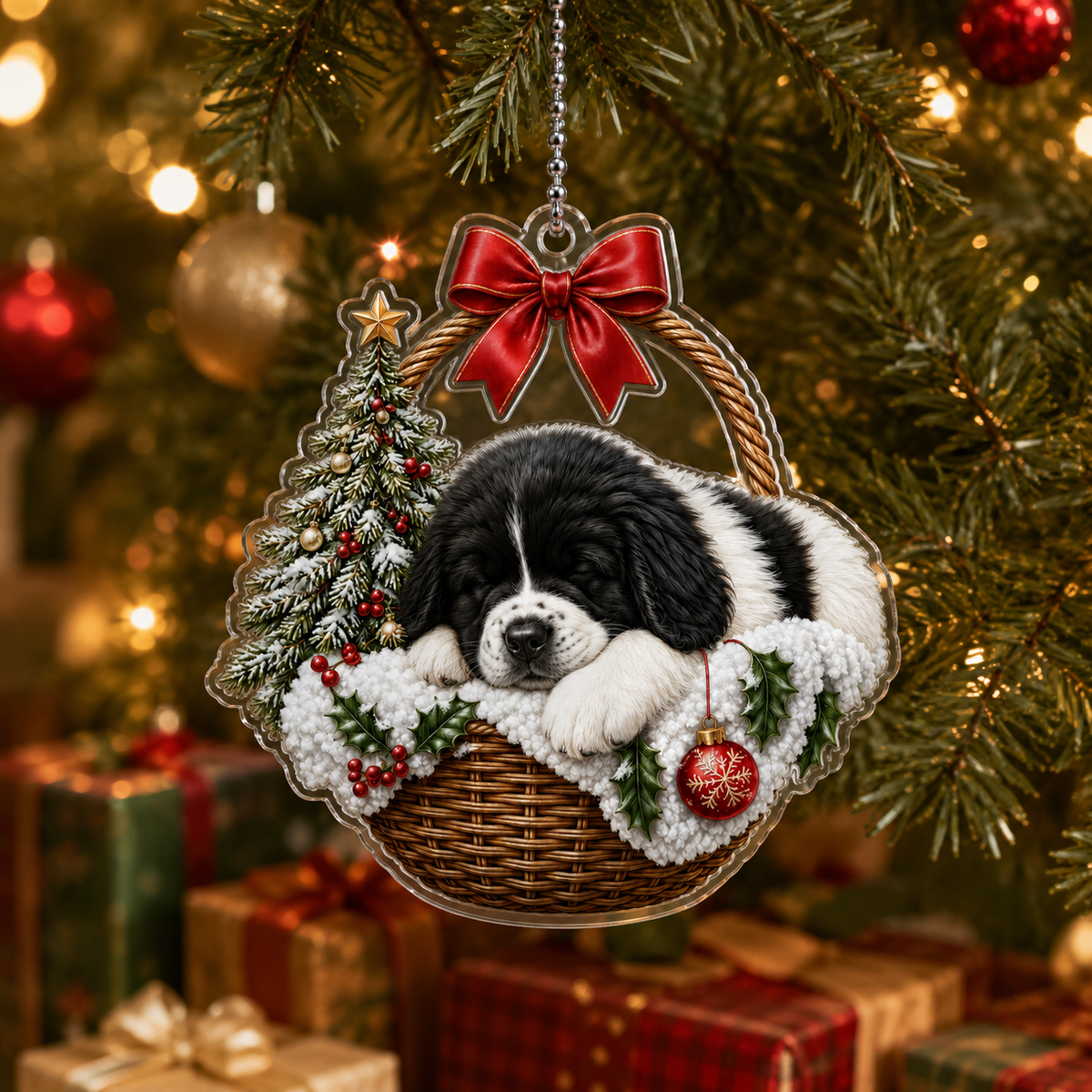 Dog Chrismast With Wicker Basket Newfoundland