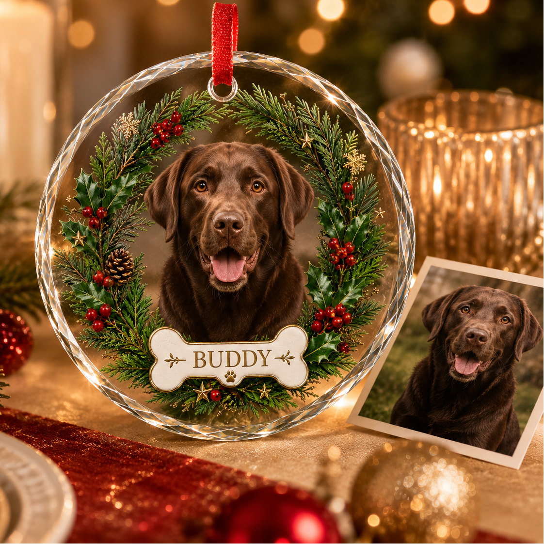 Custom Photo Dog Glass Dog With Bone And Wreath