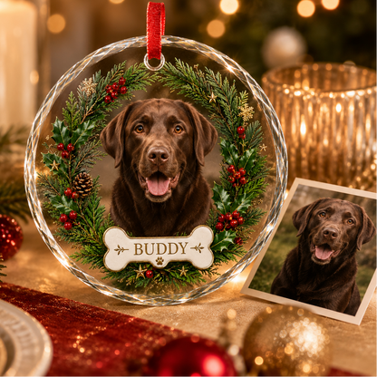Custom Photo Dog Glass Dog With Bone And Wreath