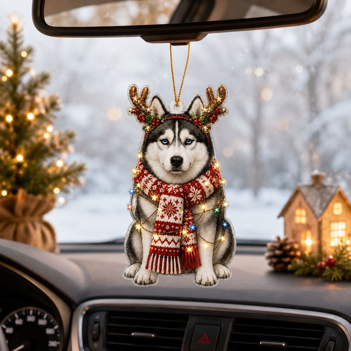 Dog Decor with Antlers & Scarf Siberian Husky