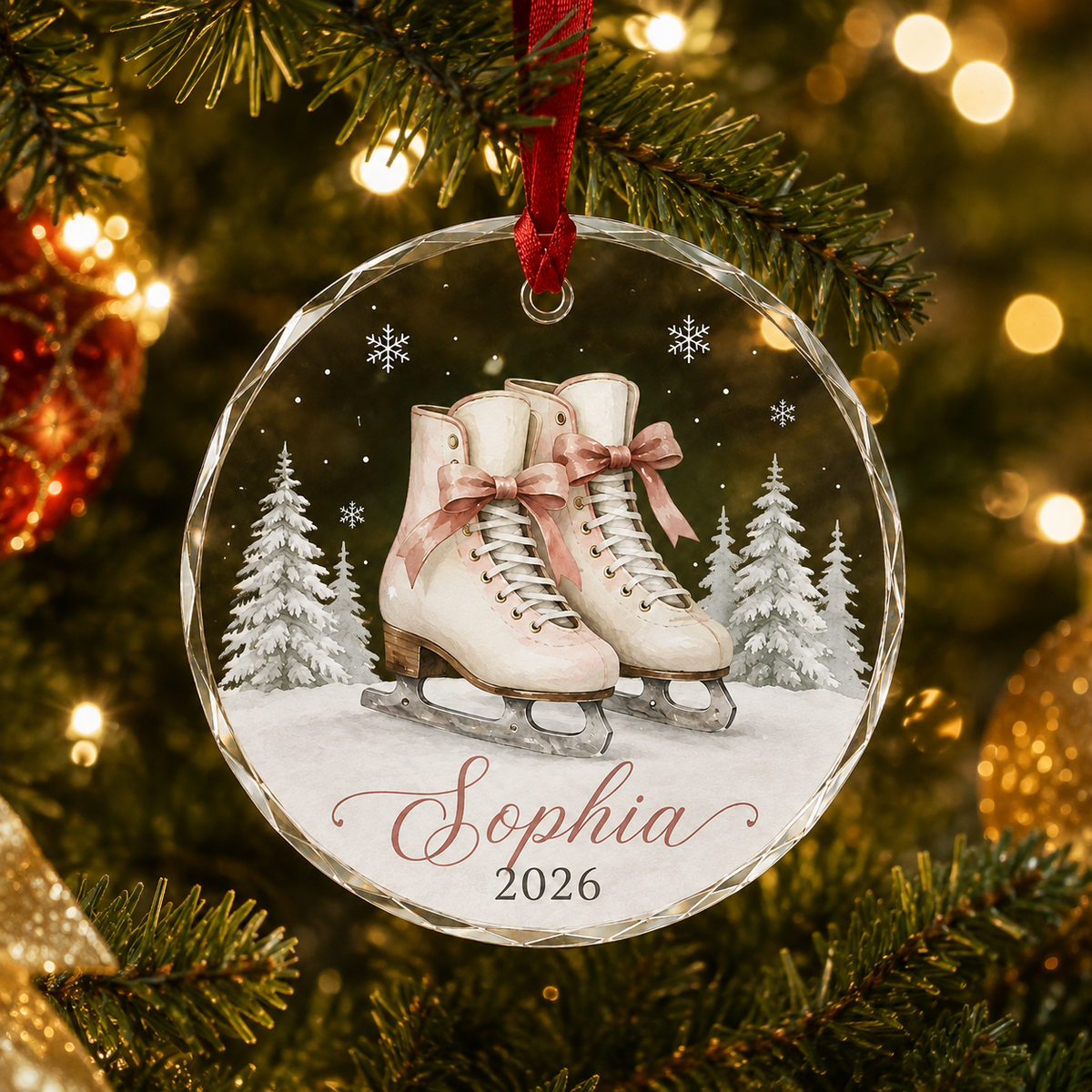 Custom Photo Sport Glass Ornament Ice Skating Pink Skates
