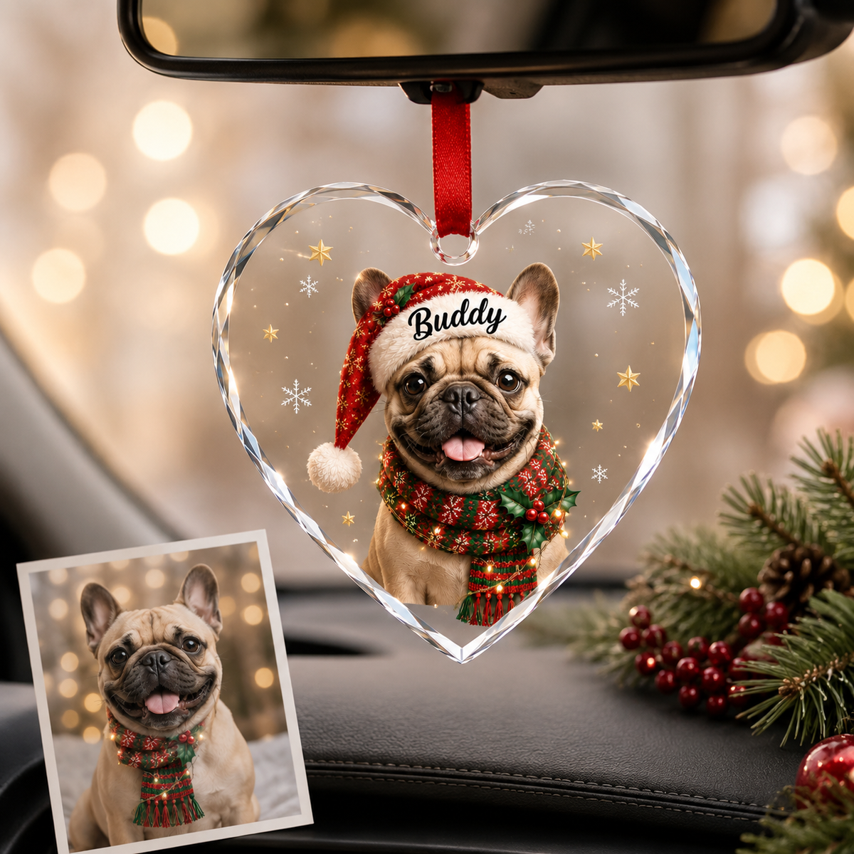 Custom Photo Dog Glass Potrait Dog With Santa Hat