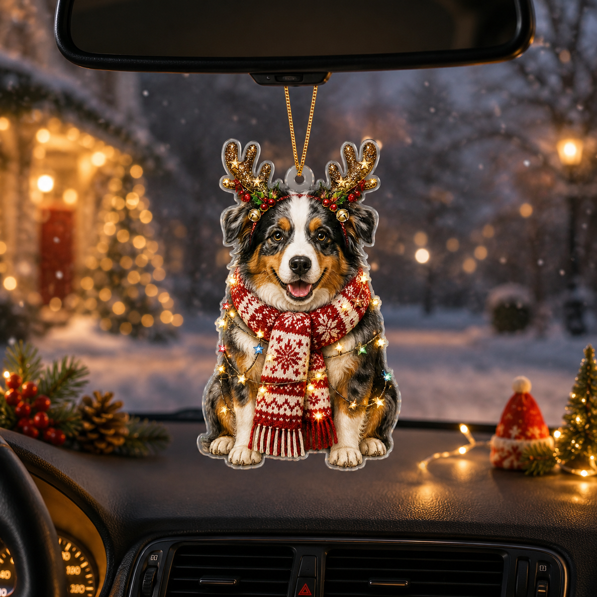 Dog Decor with Antlers & Scarf Australian Shepherd