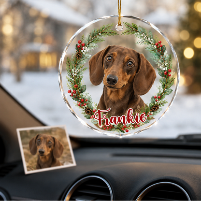 Custom Photo Dog Glass Dog With Christmas Wreath
