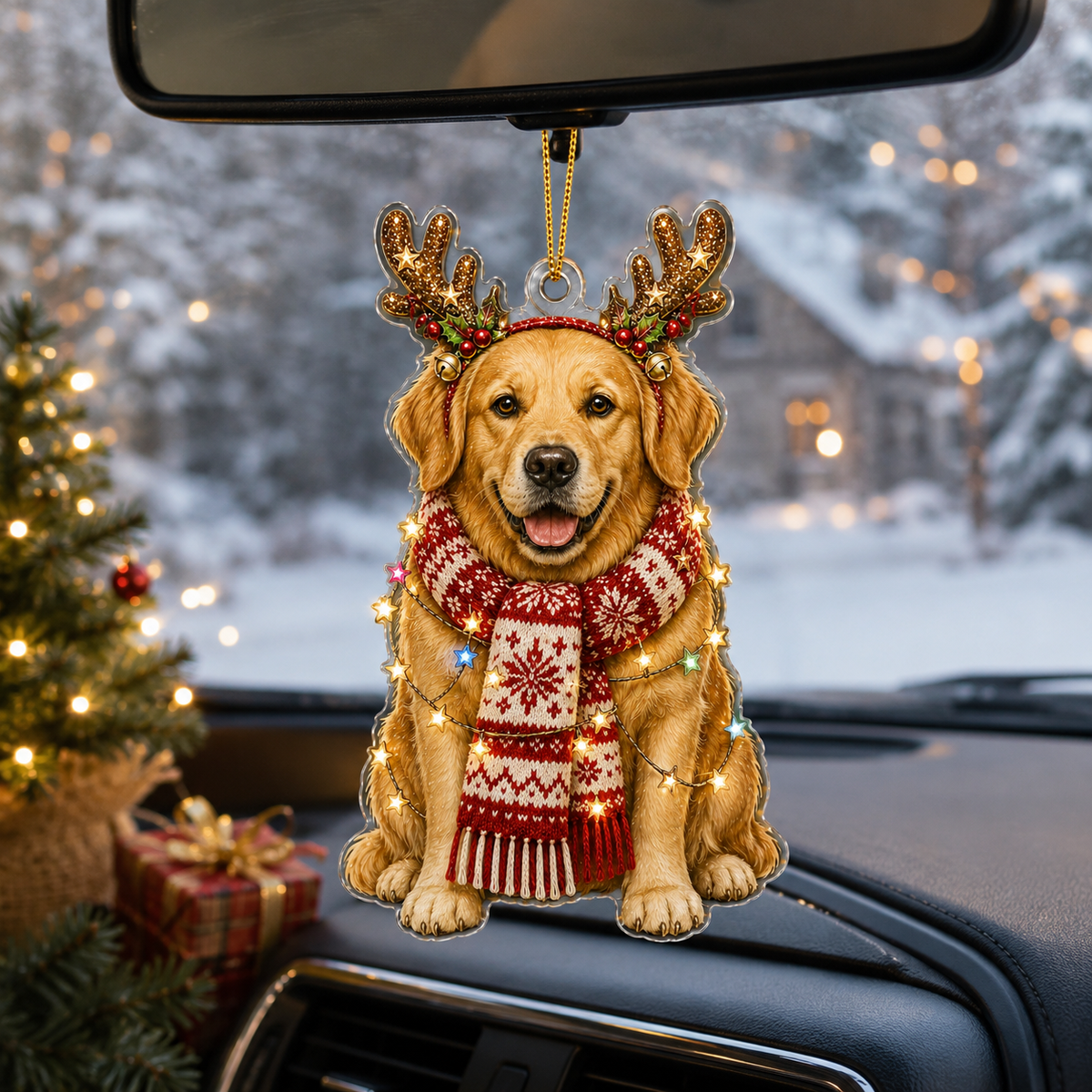 Dog Decor with Antlers & Scarf Golden Retriever