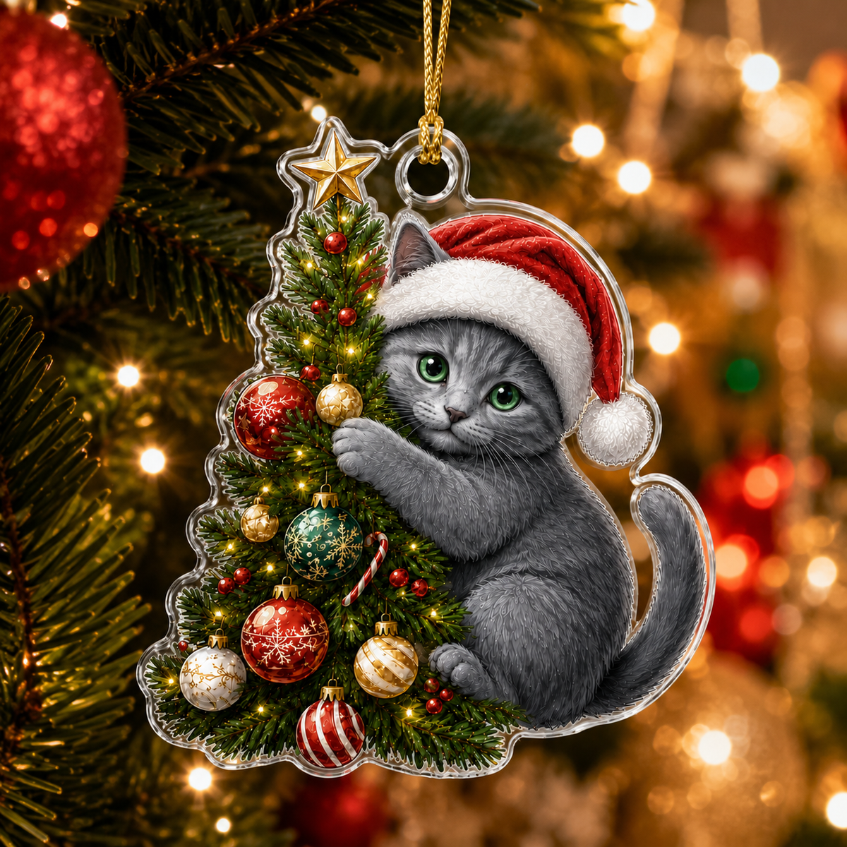 Cat With Christmas Tree Russian Blue