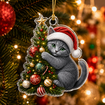 Cat With Christmas Tree Russian Blue