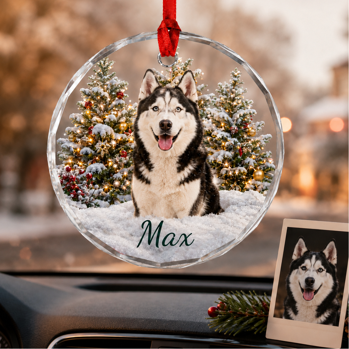 Custom Photo Dog Glass Dog With Christmas Tree