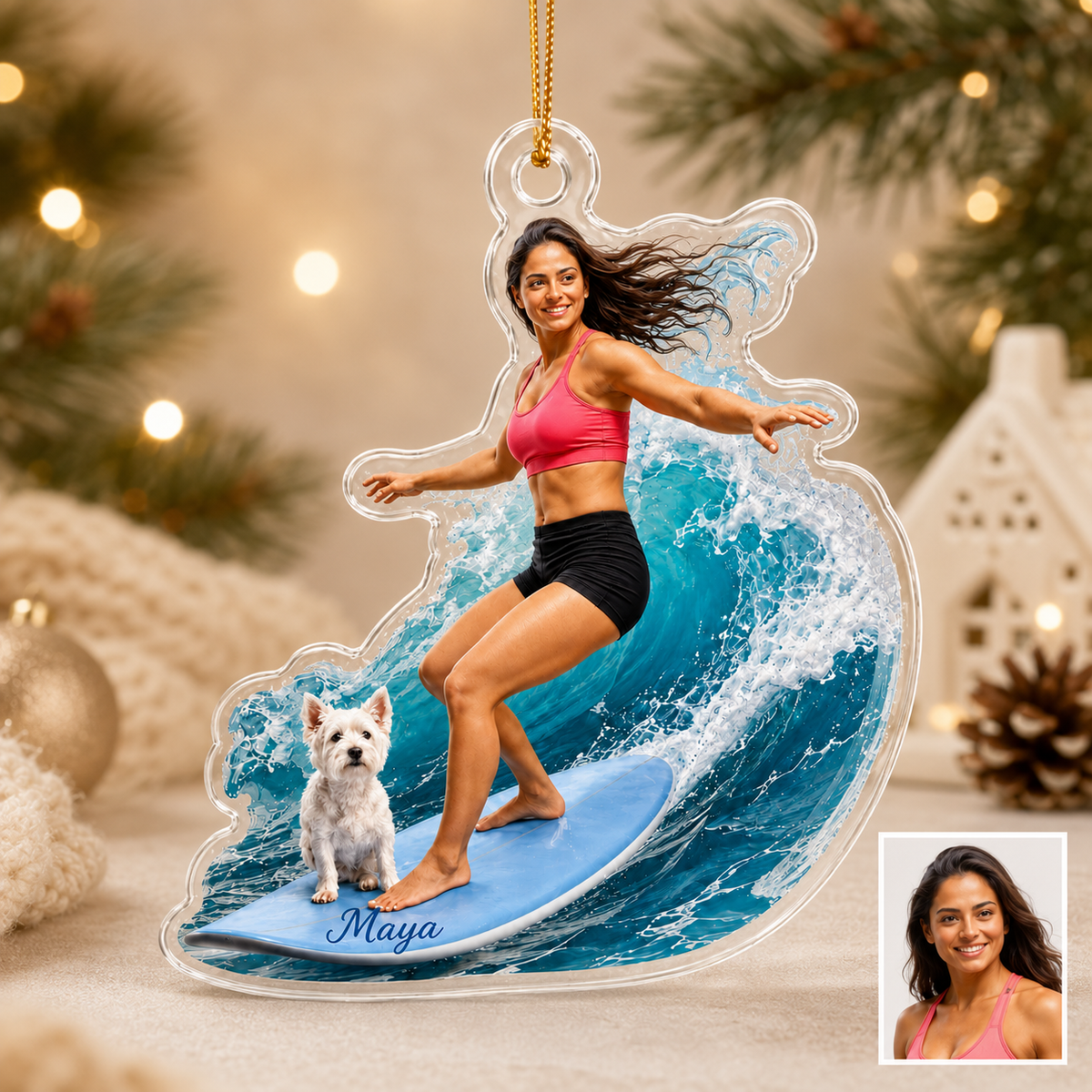 Surfing Personalize Acrylic Girl And Dog