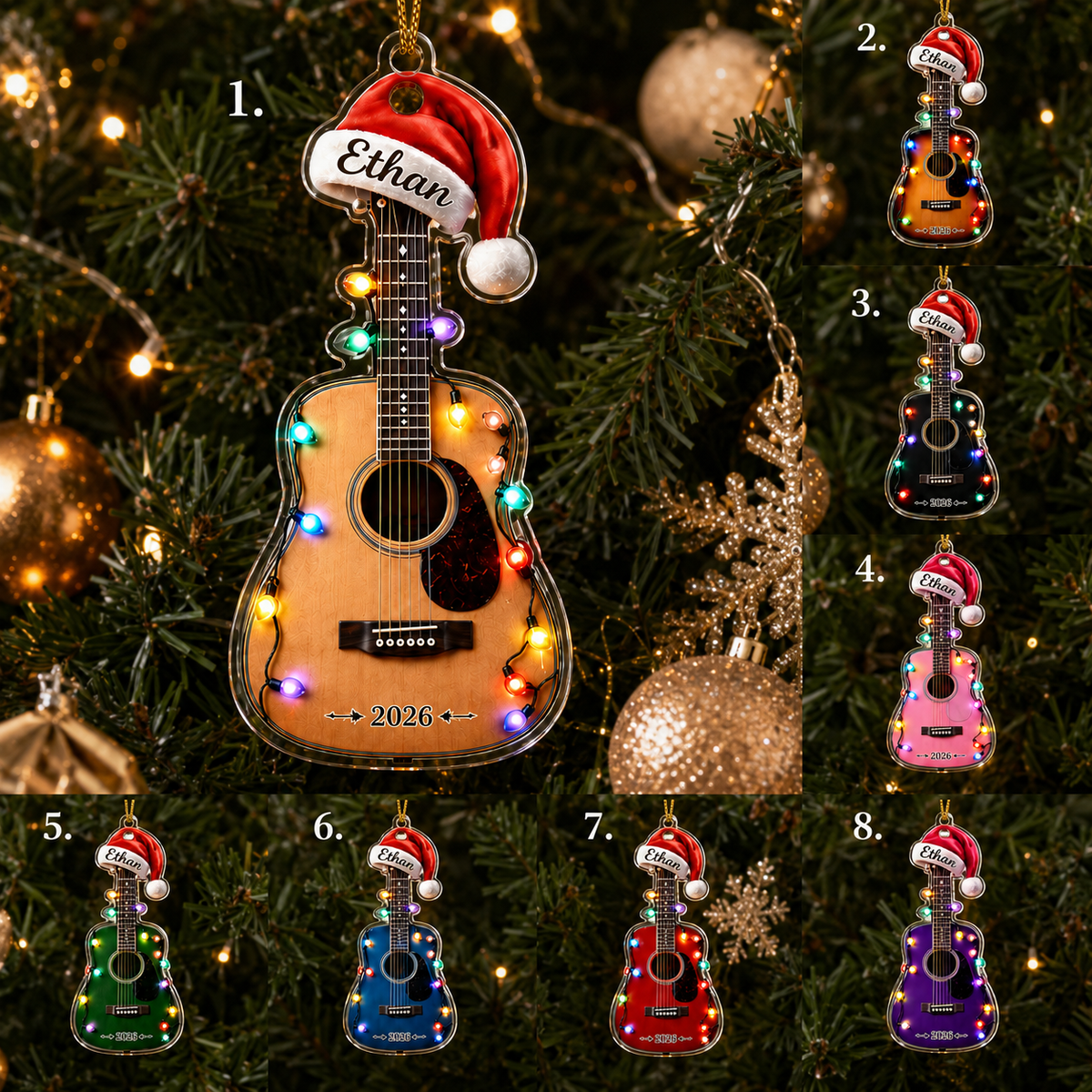Guitar Custom Name Acrylic - Acoustic Guitar Santa Hat and Lights