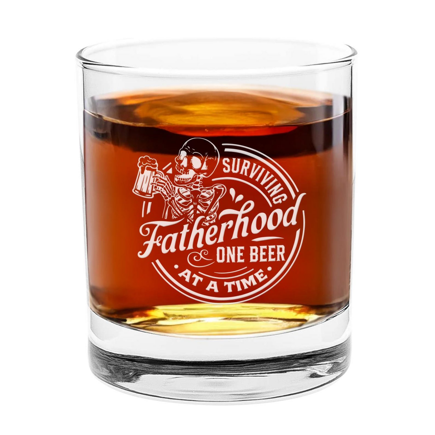 Funny Surviving Fatherhood One Beer At A Time Drink Engraved Whiskey Glass | Gifts for Dad
