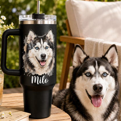 Custom Dog Portrait Travel Mug 40oz – Personalized Pet Picture Tumbler for Dog Lovers THUC99